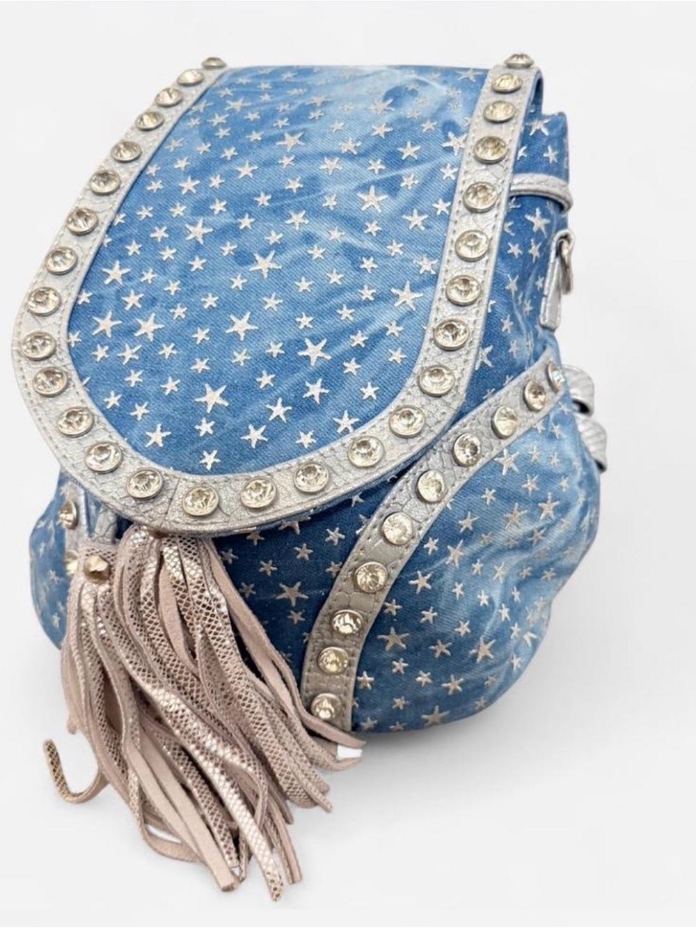 Blue Star-Print Fringe Backpack with Rhinestone Trim